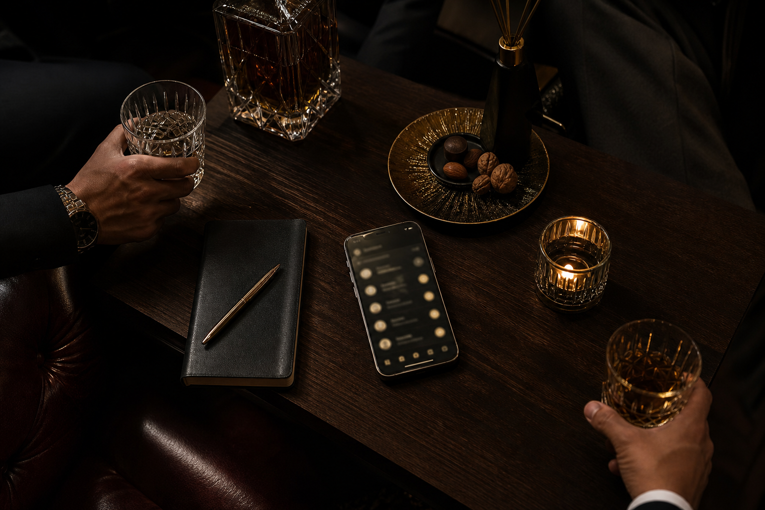 クラブのテーブルに置かれたスマートフォンとノート